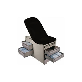Black medical exam table with multiple open storage drawers on white background