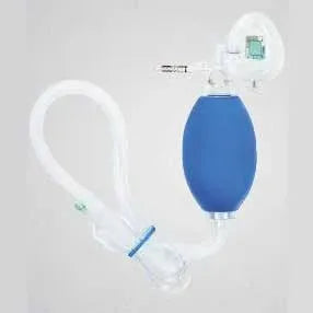 Manual resuscitator with blue self-inflating bag, mask, and oxygen tubing for respiratory support