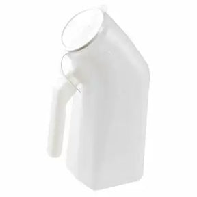 Plastic male urinal bottle with handle for bedside or travel use