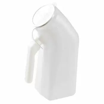 Plastic male urinal bottle with handle for bedside or travel use
