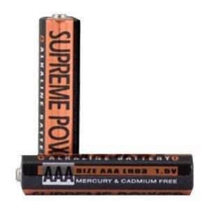 Two AAA alkaline batteries labeled Supreme Power, mercury and cadmium free, on white background