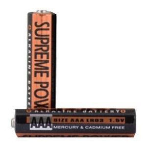 Two AAA alkaline batteries labeled Supreme Power, mercury and cadmium free, on white background