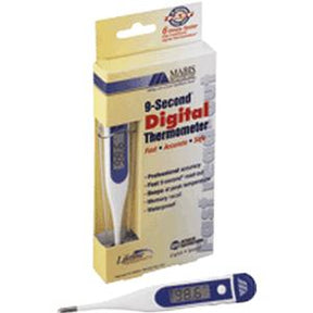 9-second digital thermometer with blue and white packaging, medical supply on white background
