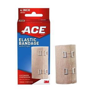 ACE elastic bandage with metal clips, 4 inch, next to product packaging