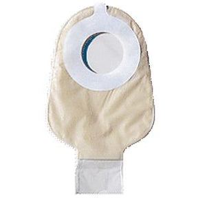One-piece beige ostomy bag with adhesive barrier and drainable closure for medical use