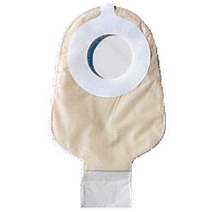 One-piece beige ostomy bag with adhesive barrier and drainable closure for medical use