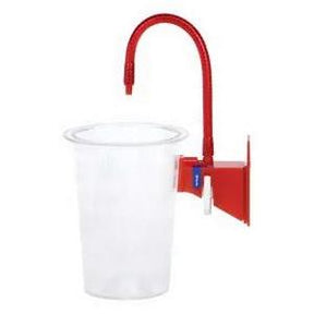 Medical suction canister with red bracket and tubing against white background
