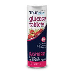 TRUEplus raspberry glucose tablets container, 10 tablets, with raspberry imagery