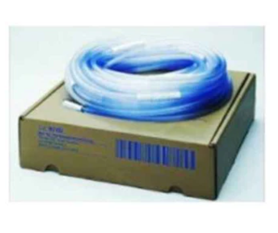 Coiled medical tubing on cardboard box for home medical supply delivery