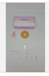 Ostomy care kit with barrier ring, wafer, clips, and adhesive strips on a white background.