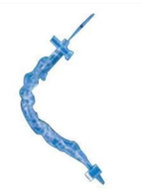 Curved blue medical extension tube with dual connectors for home healthcare use
