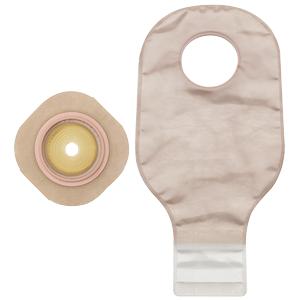 Ostomy pouch and barrier wafer for home medical supply, beige with adhesive ring and closure