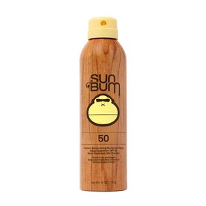 Sun Bum SPF 50 sunscreen spray bottle with wood grain design standing upright on white background
