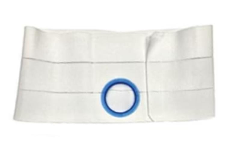 White medical abdominal belt with blue circular opening for ostomy or catheter care