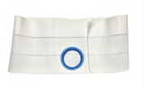 White medical abdominal belt with blue circular opening for ostomy or catheter care