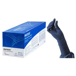 Box of Protexis surgical gloves with a hand wearing a black nitrile glove