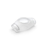 Clear plastic medical mask component on white background, CPAP accessory replacement part