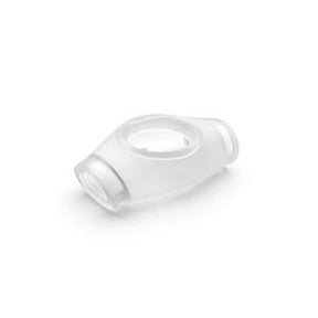 Clear plastic medical mask component on white background, CPAP accessory replacement part