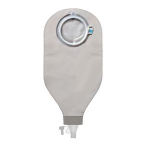 Closed gray ostomy bag with circular flange and drainable spout, medical supply product