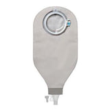 Closed gray ostomy bag with circular flange and drainable spout, medical supply product