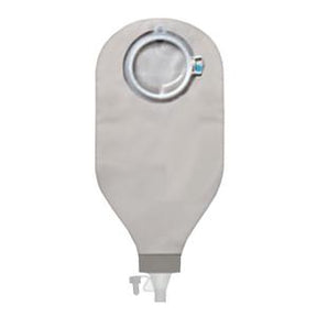 Closed gray ostomy bag with circular flange and drainable spout, medical supply product