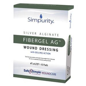 Simpurity Fibergel AG silver alginate wound dressing box, 4x4.75 inch, 10 pads