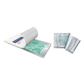 Sterile medical wound dressing pads and packaging on white background