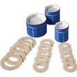 Adhesive ostomy barrier rings and tape in blue canisters for medical supply use