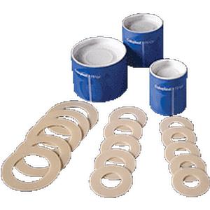 Adhesive ostomy barrier rings and tape in blue canisters for medical supply use
