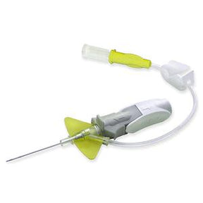 sterile safety IV catheter with needle, yellow winged hub, and transparent tubing