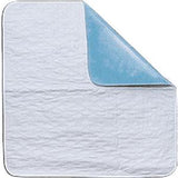 Reusable waterproof underpad with quilted white top and blue backing for incontinence protection