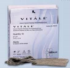 Box of sterile calcium alginate wound dressings with dressings displayed in front.