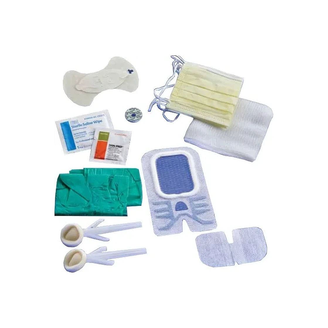 Sterile medical supplies kit with gloves, mask, wipes, dressings, and swabs on white background.