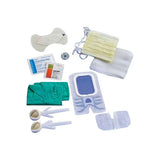 Sterile medical supplies kit with gloves, mask, wipes, dressings, and swabs on white background.