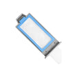 Rectangular medical filter with blue frame on white background, replacement part for devices