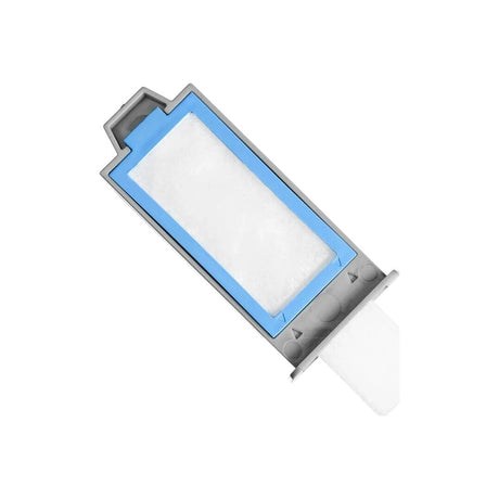 Rectangular medical filter with blue frame on white background, replacement part for devices