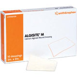 Box of Algisite M calcium alginate wound dressing with one dressing sheet shown in front.