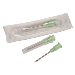 Sterile hypodermic needles with green caps, shown packaged and unpackaged, medical supply