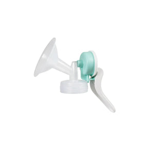 Manual breast pump with ergonomic handle and mint green accent on white background.