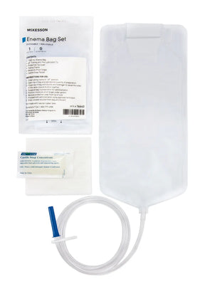 Disposable enema bag kit with tubing, blue tip, soap packet, and instructions
