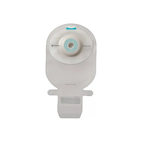 One-piece drainable ostomy pouch with filter and adhesive baseplate on white background