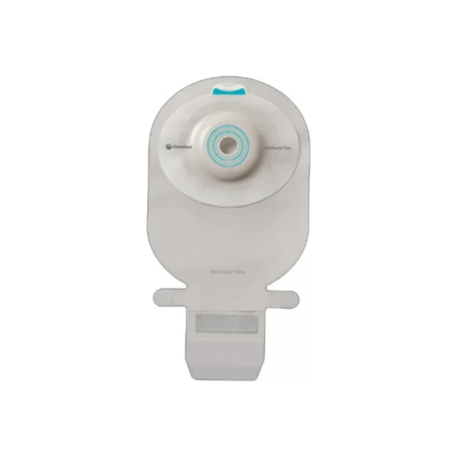 One-piece drainable ostomy pouch with filter and adhesive baseplate on white background
