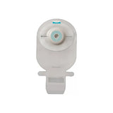 One-piece closed ostomy pouch with adhesive barrier on white background