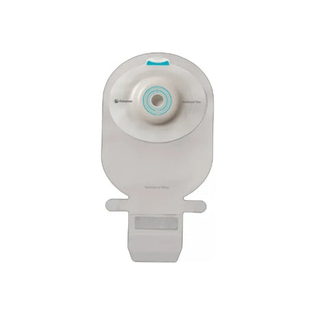 One-piece closed ostomy pouch with adhesive barrier on white background