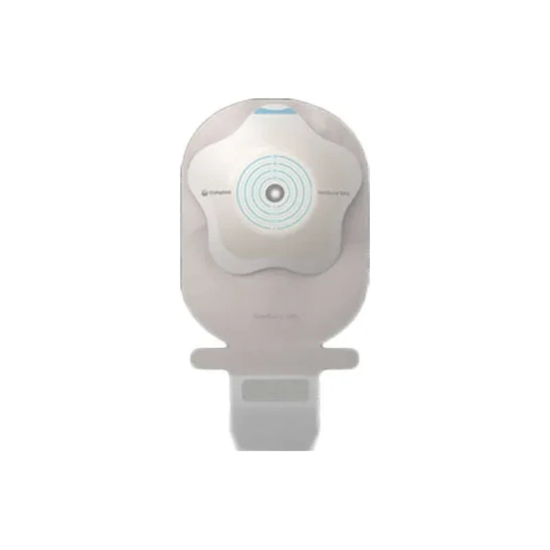 Ostomy bag with adhesive barrier and integrated closure, medical supply for stoma care