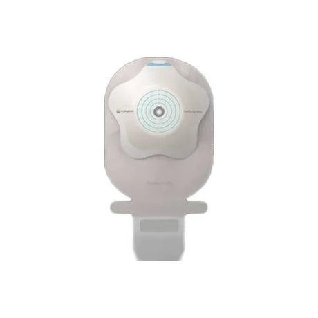 Closed ostomy pouch with integrated skin barrier on white background