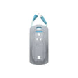 Sterile medical drainage bag with blue connectors and perforated covering for chronic care