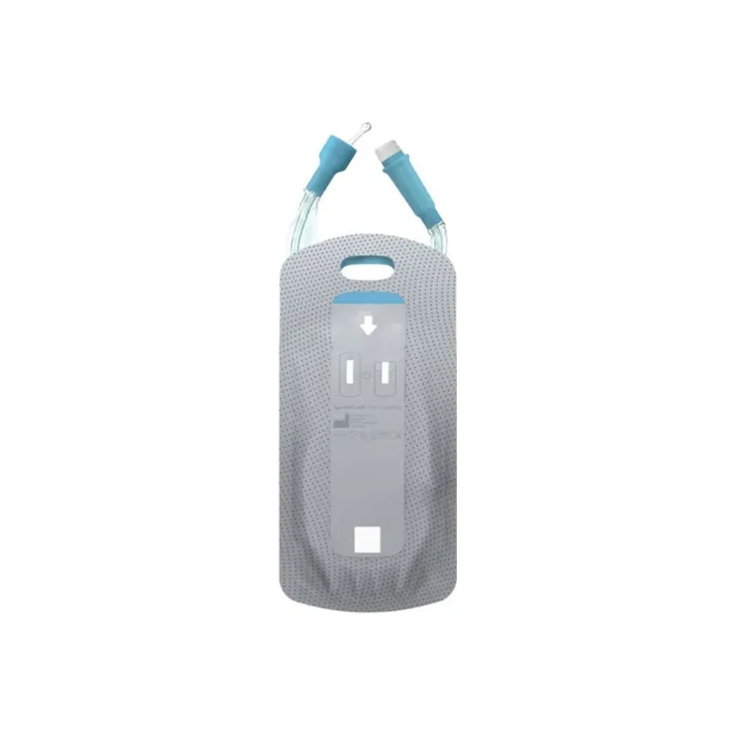 Sterile medical drainage bag with blue connectors and perforated covering for chronic care