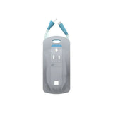 Sterile medical drainage bag with blue connectors and perforated covering for chronic care