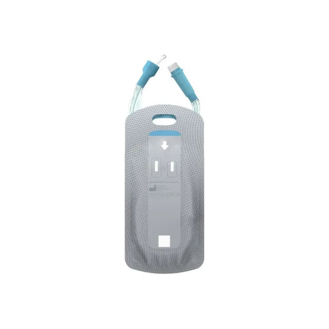 Sterile medical drainage bag with blue connectors and perforated covering for chronic care